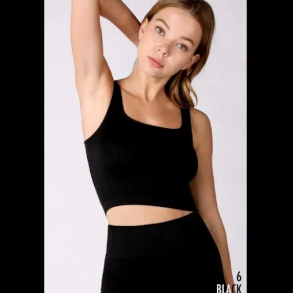 New Black Square Neck Ribbed Crop Top by Nikibiki
